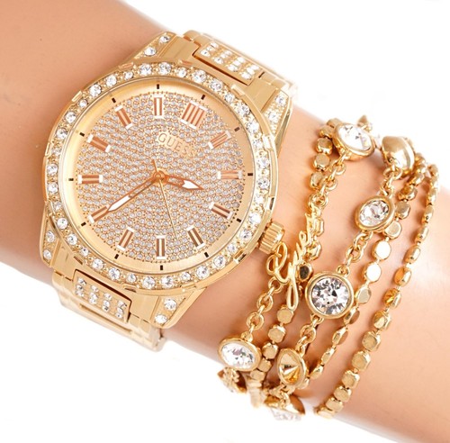 Montre GUESS Femme Luxe - Cadran Bleu, Bracelet Cuir Rose Vif U0456L9 - Neuf Avec Étiquettes USA