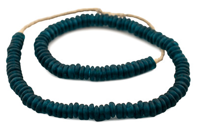 Alpine Teal Rondelle Recycled Glass Beads 11mm Ghana African Sea Glass Blue Disk