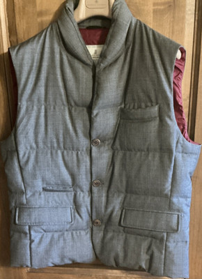 Brunello Cucinelli Gray Button-Front Down Puffer Vest Stand-Up Collar XXL