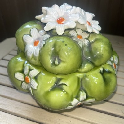VTG 1967 Inarco Green Apple Daisy Decorative Cookie Candy Jar lidded dish E-2862
