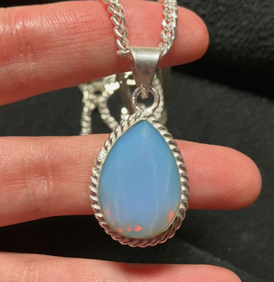 Natürlicher Mexikanischer Feueropal Halskette Blau Opal Edelstein 925 Sterling Silber Anhänger