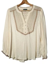 Democracy Embroidered Pullover Tunic Blouse Sz M Ivory V-Neck Western Boho
