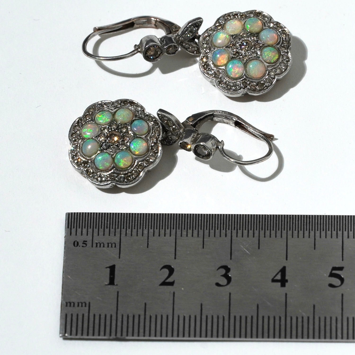 Vintage Solid Opal Diamond Flower Drop Earrings 9… - image 10