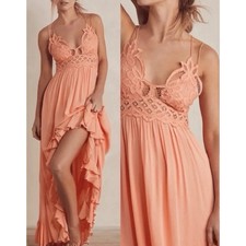 Free People FP One Adella Maxi Dress Peach Lace Boho Ruffle Small whimsi dainty