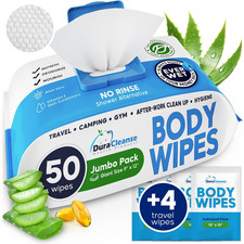 XL Body Wipes for Adults Bathing No Rinse - 50 Ct.  4 Travel Shower Wipes - 9"X