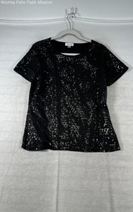 Calvin Klein Women's Black Sequin Geometric Short Sleeve Top Shirt Sz L