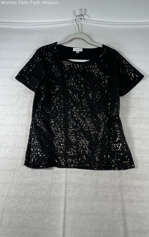 Calvin Klein Women's Black Sequin Geometric Short Sleeve Top Shirt Sz L