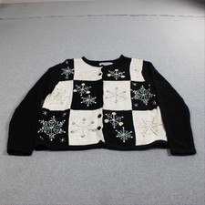 Tiara International Cardigan Sweater Women Medium Black Snowflake Ramie Blend