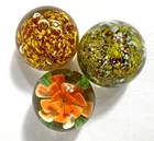 Vintage Art Glass Paperweight Lot w/ Flower Controlled Bubble 3pc Murano
