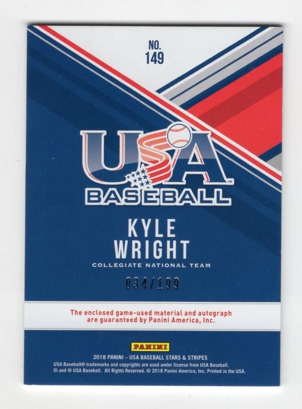 2018 Panini USA Baseball Stars & Stripes RPA /199 Kyle Wright Auto Jersey Patch view 2