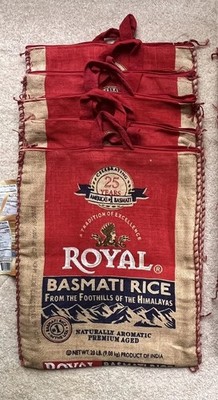 Lot of 5 Empty Royal Basmati rice bags, 20lb Size, with handle and Zip no rice 