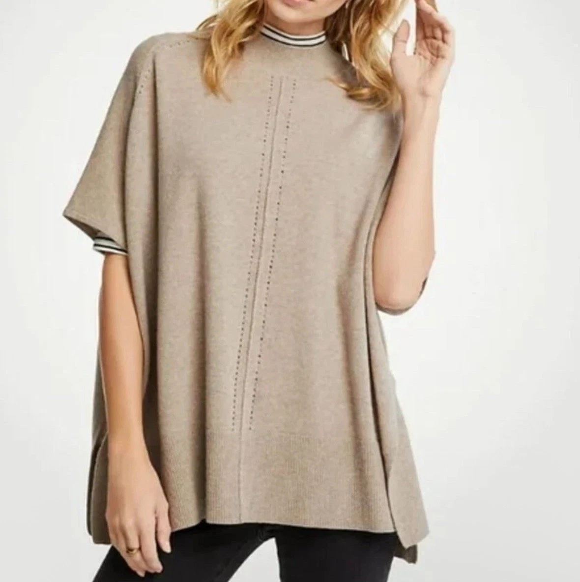 ANN TAYLOR Womens Pointelle Wool Blend Poncho Sweater Medium Mock Neck Casual