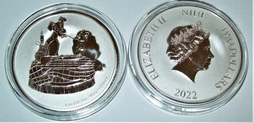 2022 Niue Disney Lady & the Tramp 1 oz .999 silver BU $2 coin in capsule