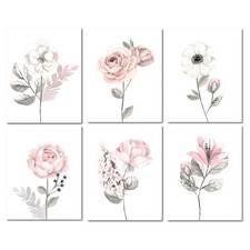 Lambs Ivy Watercolor Floral Unframed Nursery Child Wall Art 6pc - Pink/Gray