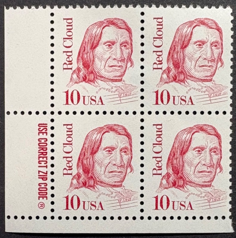 US Great Americans Scott 2175e, 10c Red Cloud, ZIP of 4, Carmine Var., VF, MNH