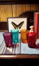 Vintage Jewel  Colored Juice Glasses With Circle Pattern...set Of 4