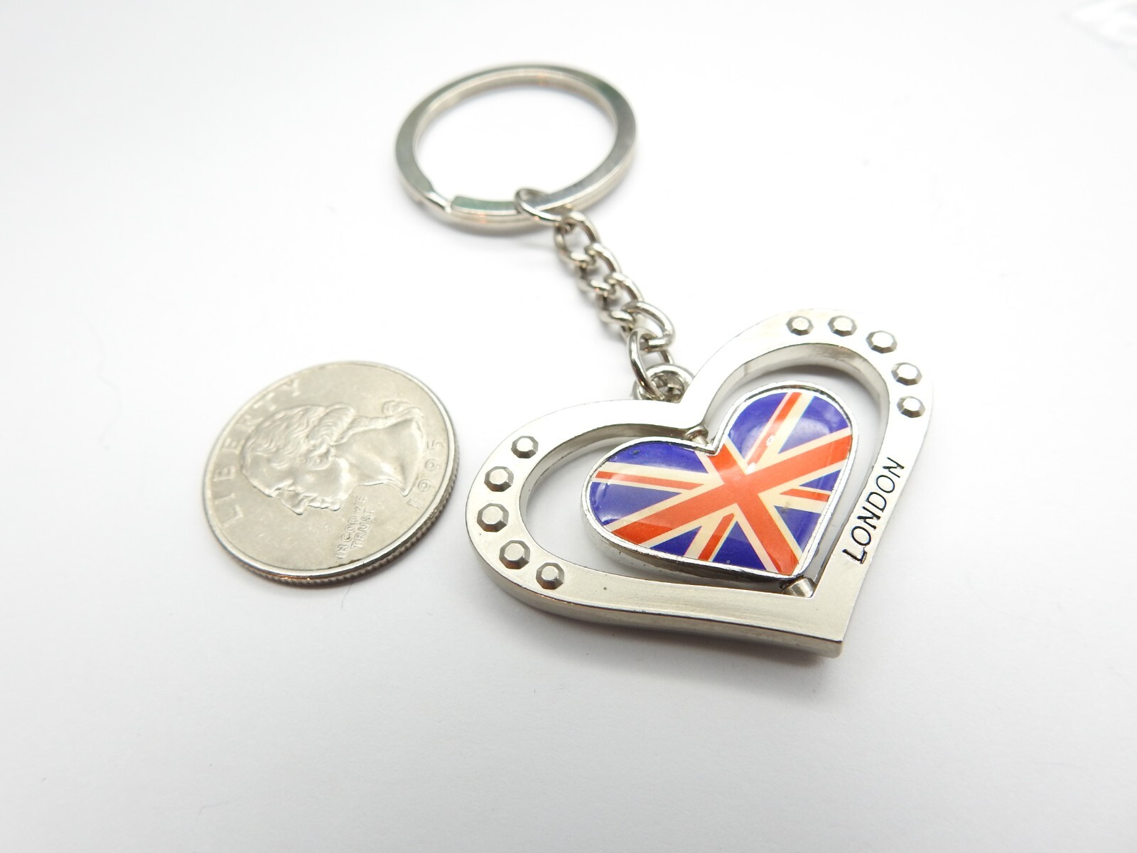 London British Flag Silver Tone Metal Heart Spinner Key Chain Vintage ...