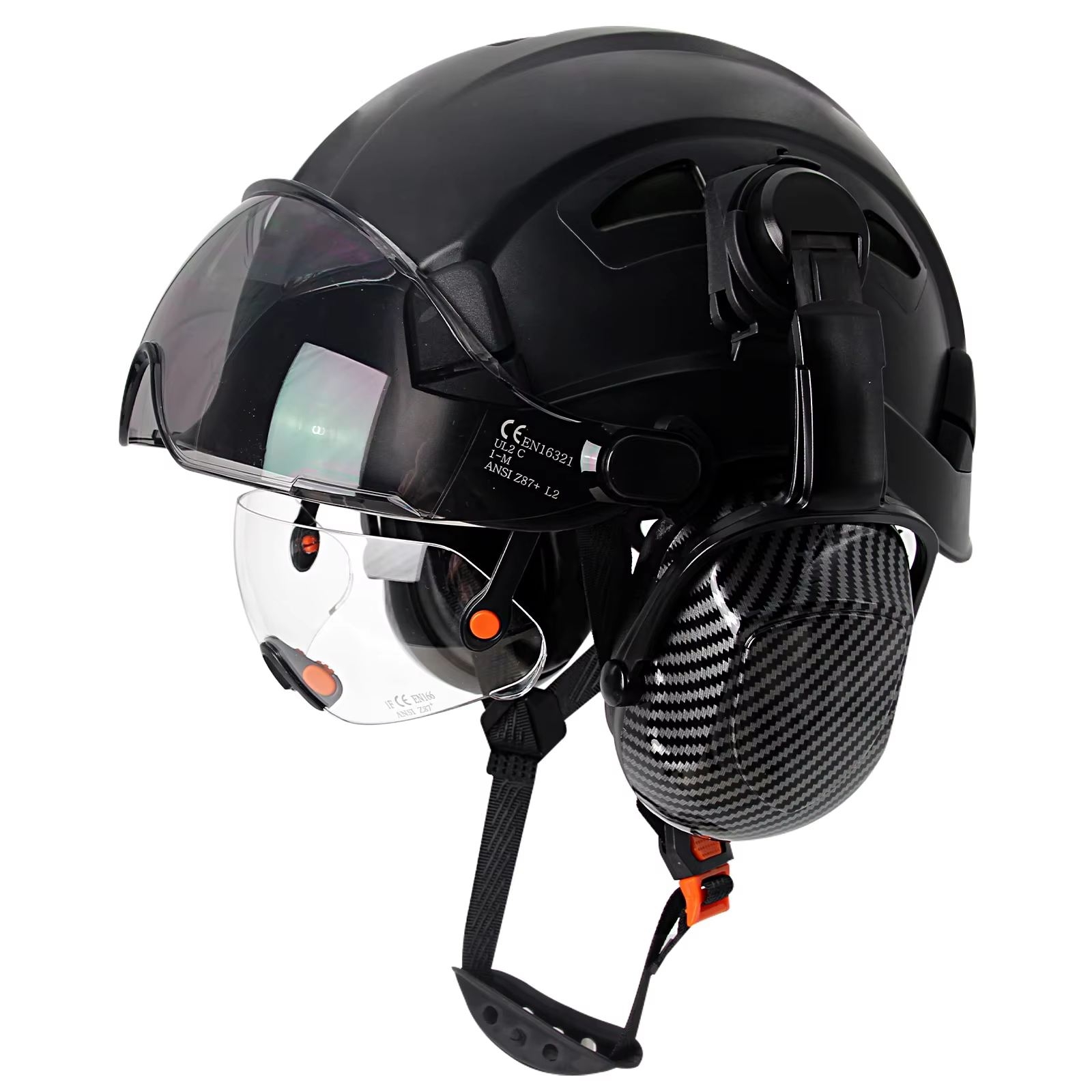 Carbon Fiber Pattern Safety Helmet Hard Hat w/ Visor & Goggles Earmuff ANSI CE