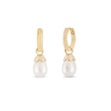 14k Gold Pearl Hoop Earrings, Pearl Huggies Earrings, Pearl Dangle Hoops Women