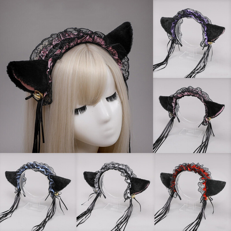 Lolita Neko Headband with Bells (KURO - Black) Gothic Lolita Maid Lace Headband Plush Cat Ears Ribbon Bell  main image 3