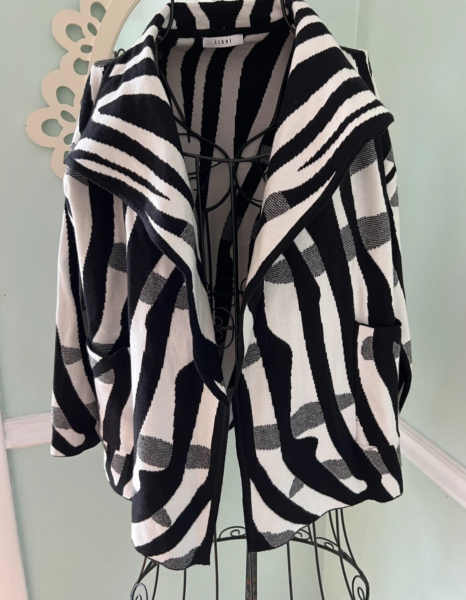 SIONI L black White Zevra Open Cardigan Sweater Black White eBay