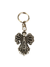 Angel Keychain - Silver Gray Design with Rhinestones - Good Condition - 3.5 in