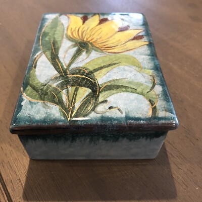 Vtg Italy Numbered Raymor Ceramic Lotus Flower Blue Green Yellow  Trinket Box