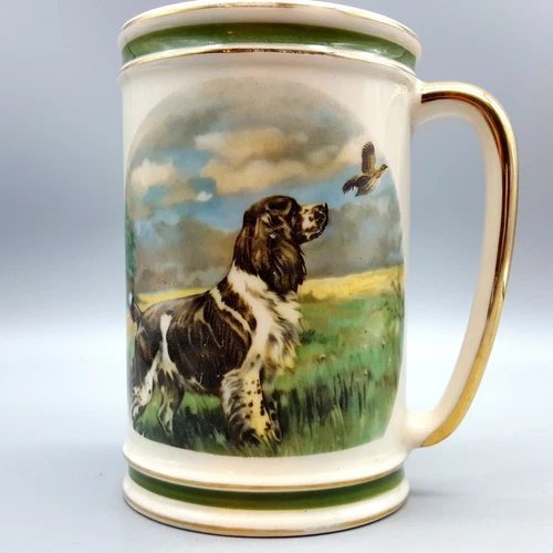 Hyalyn Pottery Cup Mug Stein Spaniel Hunting Dog Pheasant 5.25” Gold Trim VTG