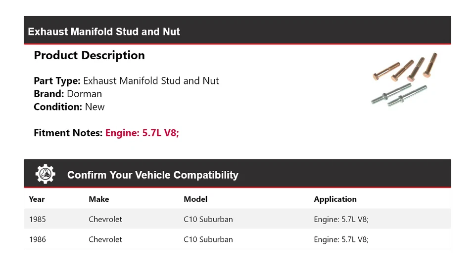 Para Chevrolet C10 Suburban Dorman 1985-1986 colector de escape perno y tuerca Foto 2 de 4