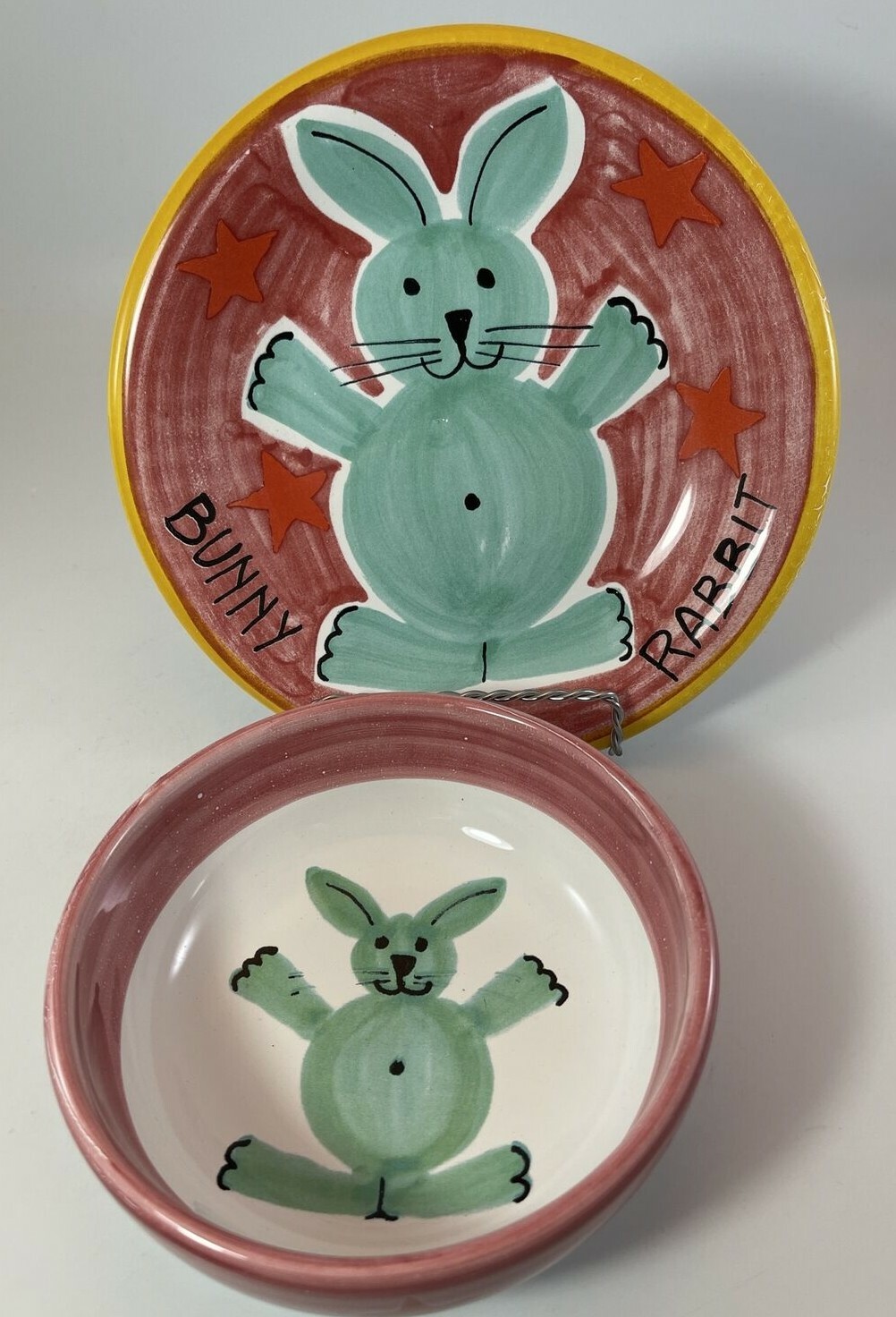 Ciao By Bellini Plate And Bowl Set Hand Painted Bunny Rabbits Childs Set Italy