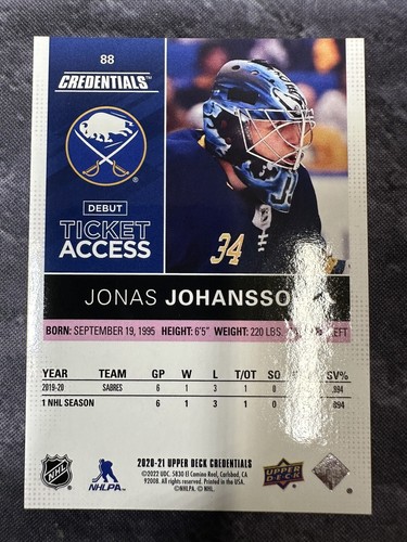 2020-21 UD Credentials Debut Ticket Access Pink 88 Jonas Johansson Sabres - Picture 3 of 3