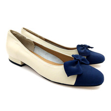 Van Eli Ballet Low Heels Size 7.5N New Navy Blue Bone Bow Coquette Twee Cap Toe