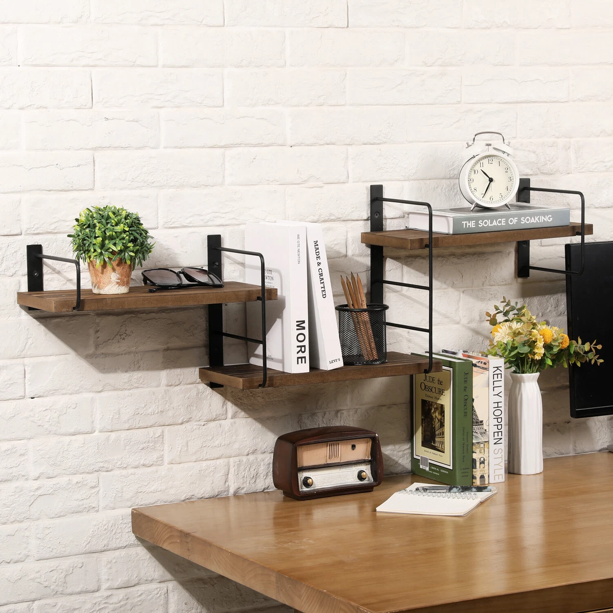 Dark brown shop wood shelves