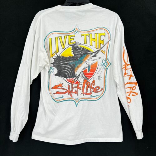Live The Salt Life Tee Shirt Size Medium White Long Sleeve Adult Sailfish Ocean - Afbeelding 1 van 9
