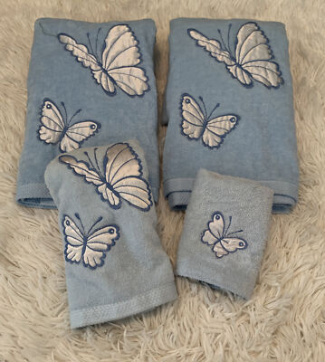 Vintage Martex Blue Bath Towel Set Made in USA Butterflies bath hand  wash