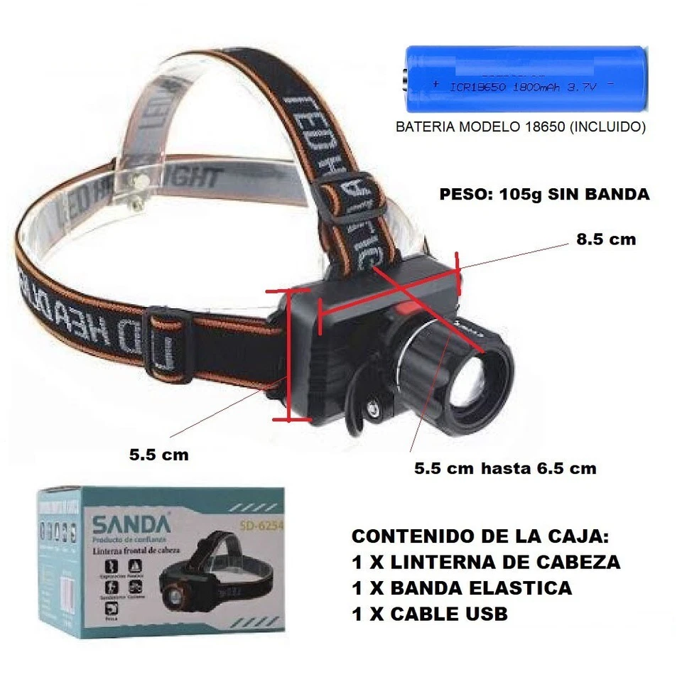 LINTERNA FRONTAL DE CABEZA CAMPING BICI PESCA LED Impermeable ZOOM CARGA USB - Imagen 2 de 4