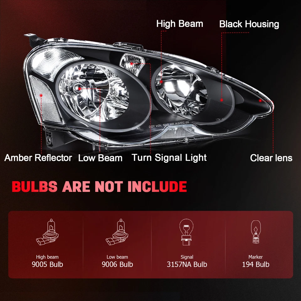 Headlights Assembly For 2002-2004 Acura RSX (DC5)Black Housing Left+Right Pair - Image 3 of 4