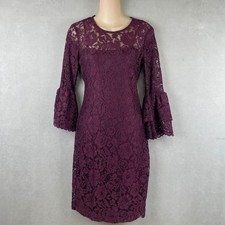 Calvin Klein Plum Purple Floral Lace Sheath Romantic Dress Tiered Bell Sleeve 2