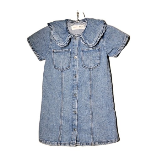 Zara Girls Sz 5-6 Blue DENIM SHIRT DRESS SKATER SNAPS SHORT SLEEVE 100% Cotton