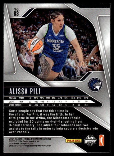 2024-25 Panini Prizm WNBA Alissa Pili Rookie Minnesota Lynx #83 - Picture 2 of 2