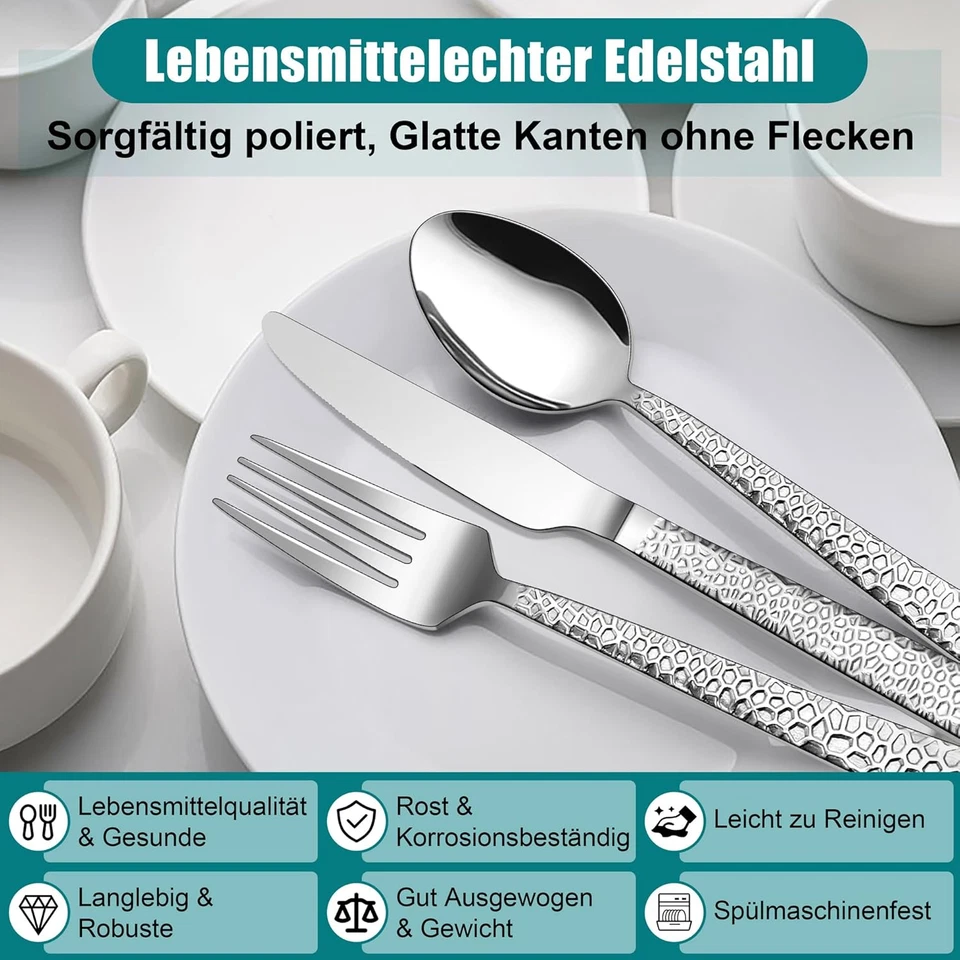 Besteck Set, 30-Teilig Edelstahl Poliert Besteckset Für 6 Personen, Gehämmertes  - Bild 3 von 4