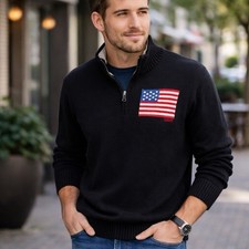 Chaps Men s Quarter Zip Sweater Black USA Flag XXL NWT Heavyweight Pullover