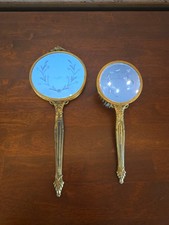 Rare 1920's Antique Brass Vanity Mirror Brush Set Blue Etched Glass Backing