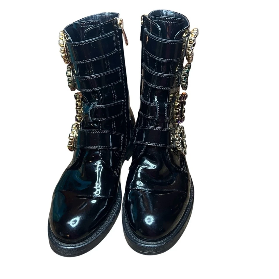 Dolce & Gabbana Botas de Combate de Cuero Pulido Hebillas Joyas EU 37.5 US 7.5 Foto 3 de 4