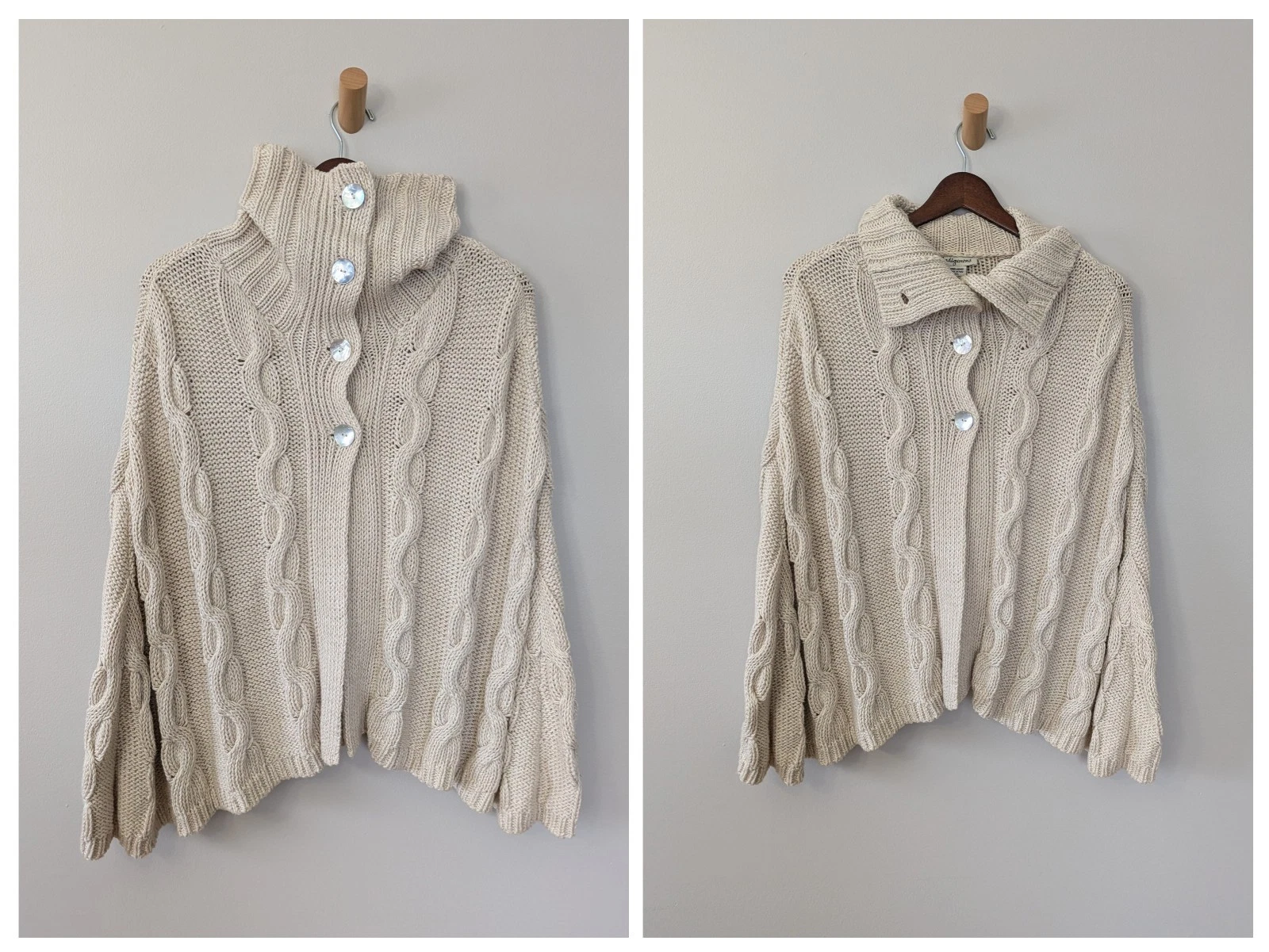 Vintage Hand Loomed Poncho Cape Sweater Cottage Organic Cotton Silk Cable Knit