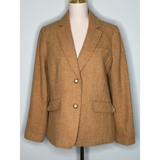 Talbots Camel Herringbone Wool Blend Blazer Gold Crest Buttons Size 10