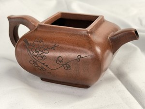 Chinese Yixing Zisha Clay Square Teapot Signed Plum Blossom & Calligraphy 5”