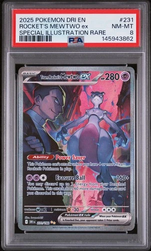 2025 POKEMON DRI SPECIAL ILLUSTRATION RARE #231 TEAM ROCKET'S MEWTWO EX PSA 8