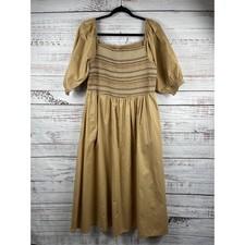 Old Navy Dress Women's XL Tan Smocked Bodice Puff Sleeve Square Neck Pockets