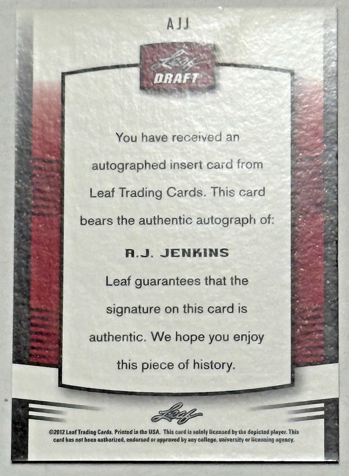 2012 Leaf Draft AJ Jenkins #AJJ Rookie Auto RC - Image 2 of 2